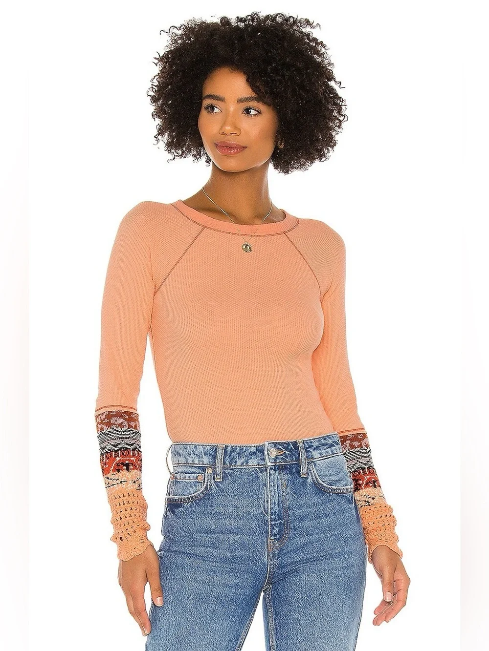 Free People In The Mix Cuff Thermal Top Desert Orange Combo Boho Women L
